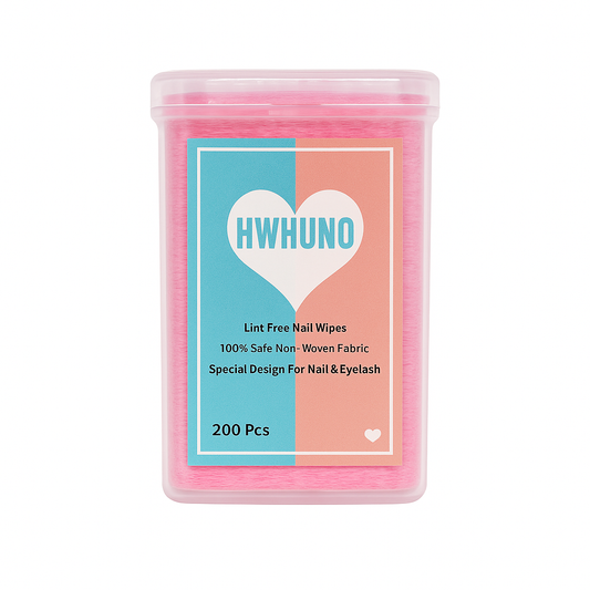 Container of HWHUNO lint-free nail wipes with a pink and blue label.